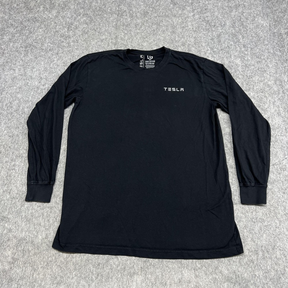 Tesla Shirt‎ Mens Large Black Long Sleeve Crewneck Cotton Logo Print T-Shirt Tee